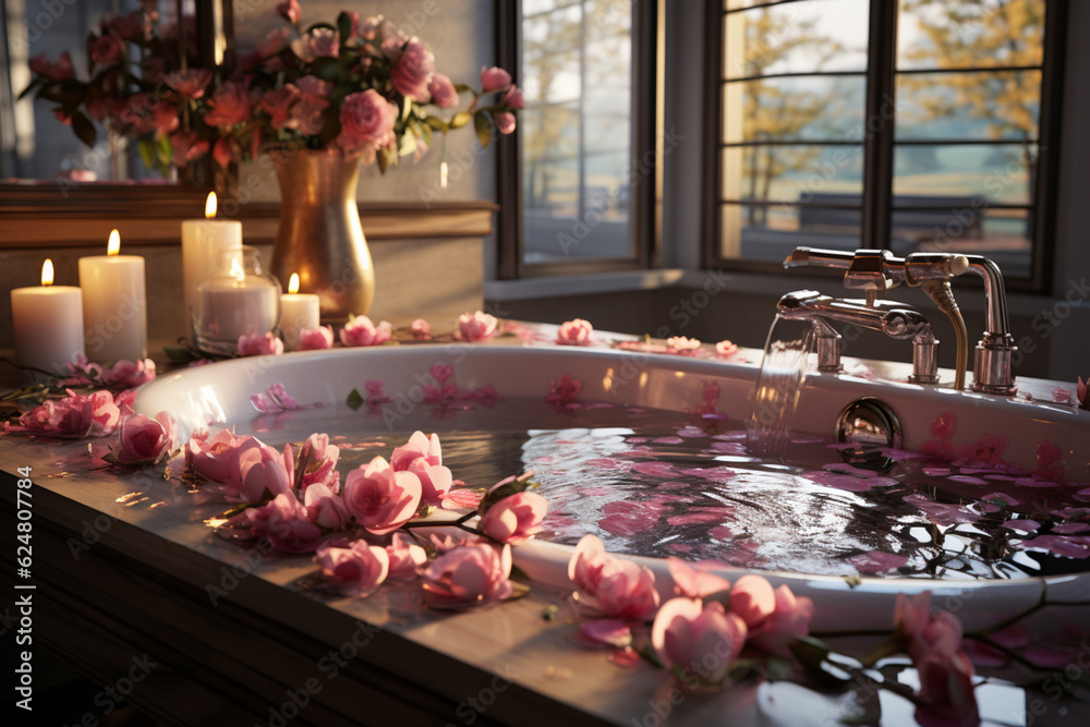 Poster A calming spa setting with a luxurious bath filled with flower petals and scented candles.  Generative AI technology.
