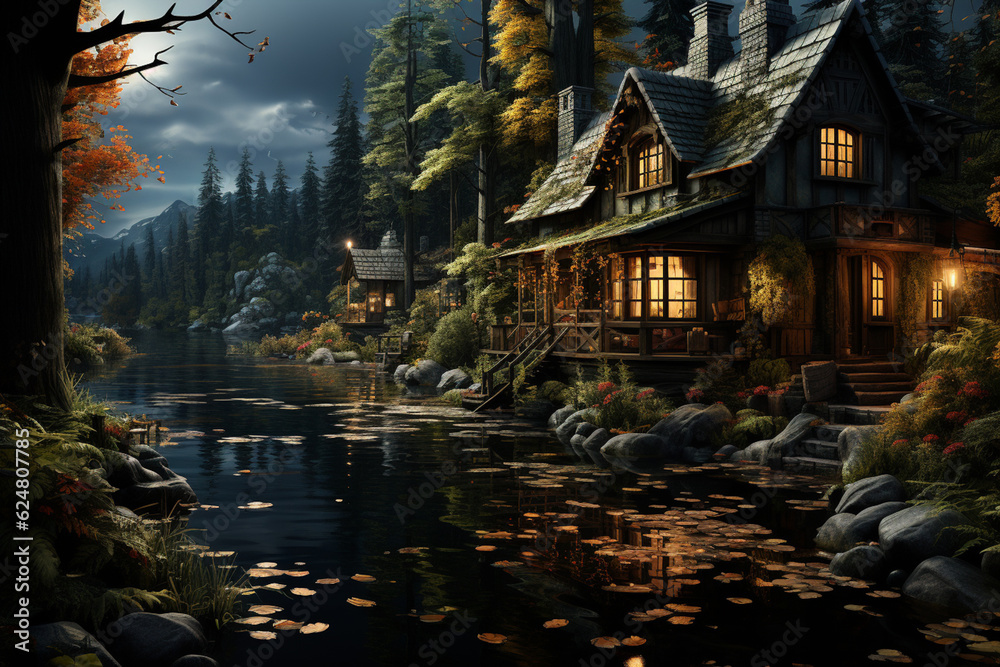 Aufkleber a tranquil lake surrounded by lush greenery and a starry night sky, creating a sense of calm and ser