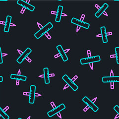 Line Crossed ruler and pencil icon isolated seamless pattern on black background. Straightedge symbol. Drawing and educational tools. Vector