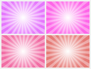 Pink sunburst background set. Sunrise background. Radial rays background. Retro style sunburst background template.