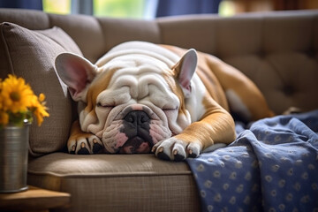 Sleeping bulldog on sofa created with Generative AI technology