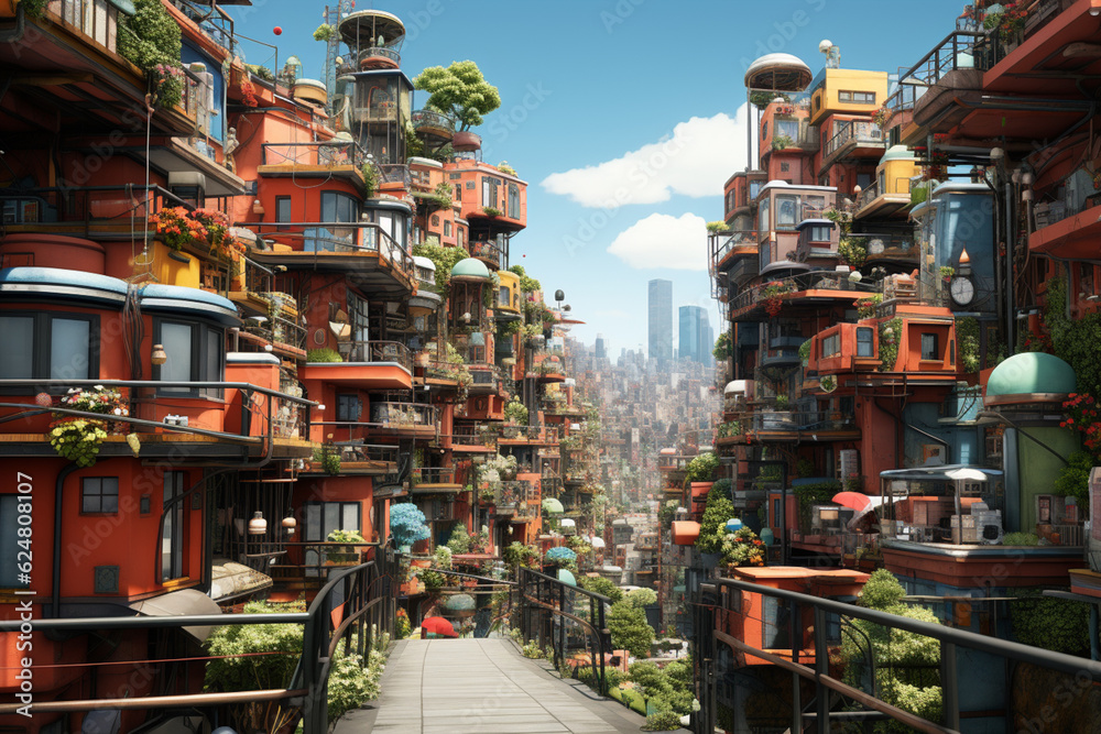 Poster a surreal cityscape with distorted perspectives and unusual shapes, capturing the surreal and illogi
