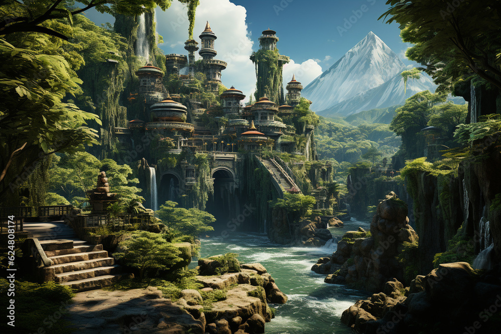 Aufkleber a series of floating islands with cascading waterfalls and lush vegetation, depicting a dreamlike pa