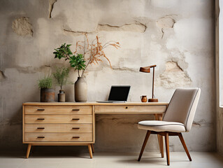 Minimalist Living Room featuring textured beige chairs, pottery plant, and desk table