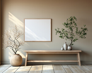 mock up poster frame in modern beige home interior Scandinavian style with bench and cushions