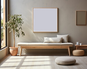 mock up poster frame in modern beige home interior Scandinavian style with bench and cushions