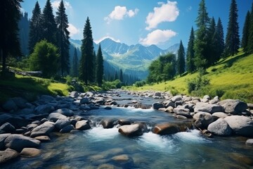 a rocky mountain river flows through the forest on the background of mountains. eco nature .landscape with mountains, forest and a river in front. beautiful scenery. generative ai.