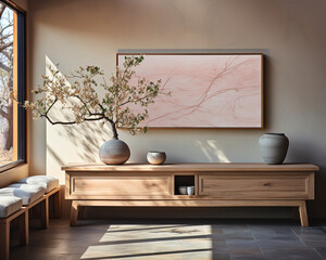 frame mockup in beige interior room with pottery vase sideboard and wooden floor in style of vintage. living room with photo frame and sunlight