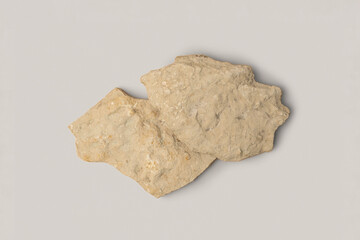 Stone Podium for promotion on gray Background. Natural rock pedestal. Beauty product mockup. Scene to show products. Showcase, display case. Top View soft shadow Flat lay. Trendy neutral color. Space