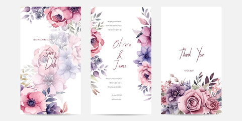 Wedding invitation card with purple pink roses floral design. Elegant wedding card template.