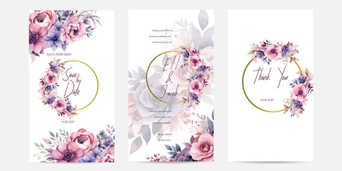 Beautiful wedding card invitation. Hand painting of purple roses flower and leaves arrangement on wedding invitation background