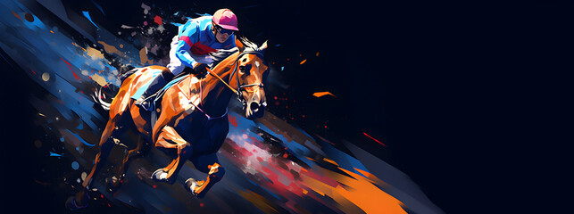 courses hippique, chevaux et jockey stylisé en peinture moderne