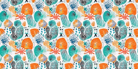  Seamless trendy underwater shell clam repeat background. Tropical modern seashell coastal pattern clash fabric coral reef border print for summer beach textile banner edge with a linen cotton effect.