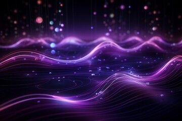 Dynamic music and sound splash with ripples. Flowing purple round wave with dots. 3D rendering. Stock illustration. Generative AI
