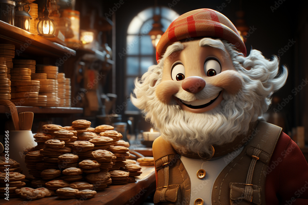 Poster santa claus in a cartoon kitchen, baking cookies with animated gingerbread men. generative ai techno