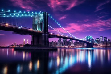 Fototapeta premium Iconic Brooklyn Bridge in New York adorned with a purple and blue hue. Captivating and vibrant cityscape. Generative AI