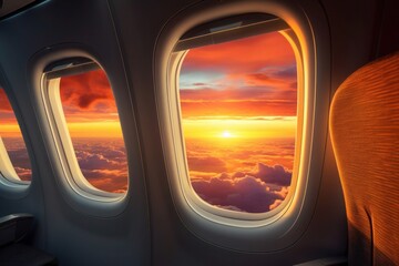 Captivating city view of sunset through the aircraft window. Serene and beautiful scenery. Perfect image for airplane window saves. Stock photo. Generative AI