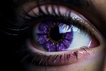 Anuta eyes, a violet flower, on a black background. Enchanting beauty in close-up. Generative Ai