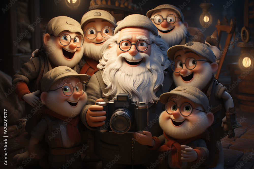 Poster a cute cartoon of santa claus taking a selfie with a group of animated holiday characters. generativ