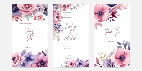 Purple wedding invitation card with roses floral decoration. Social media watercolor floral wedding invitation card template set