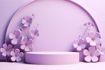 Violet flower background, 3D rendering. Geometric podium for product display. Minimalist concept with pastel floral elements. Generative AI