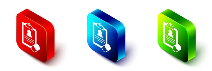 Isometric Medical prescription icon isolated on white background. Rx form. Recipe medical. Pharmacy or medicine symbol. Red, blue and green square button. Vector