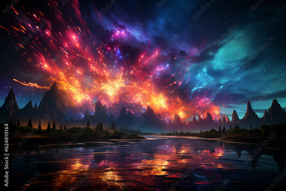 Poster abstract firework trails in vivid hues, illuminating the sky with excitement and joy for the new yea