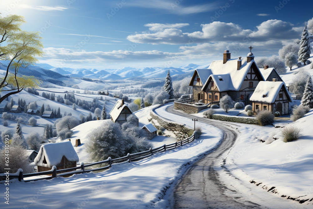 Poster a peaceful countryside christmas background with snow-covered fields and a quaint village in the dis