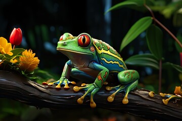 Tree frog in a dark forest. Generative AI