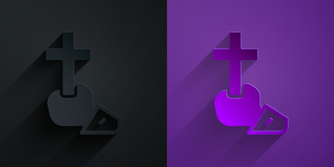 Paper cut Christian cross icon isolated on black on purple background. Church cross. Paper art style. Vector