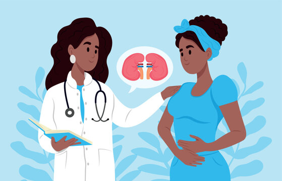 A nephrologist talks to a patient about kidney disease. African-American nephrologist, scientist researches glomerulonephritis, pyelonephritis, urolithiasis, polycystic kidney disease, kidney failure.