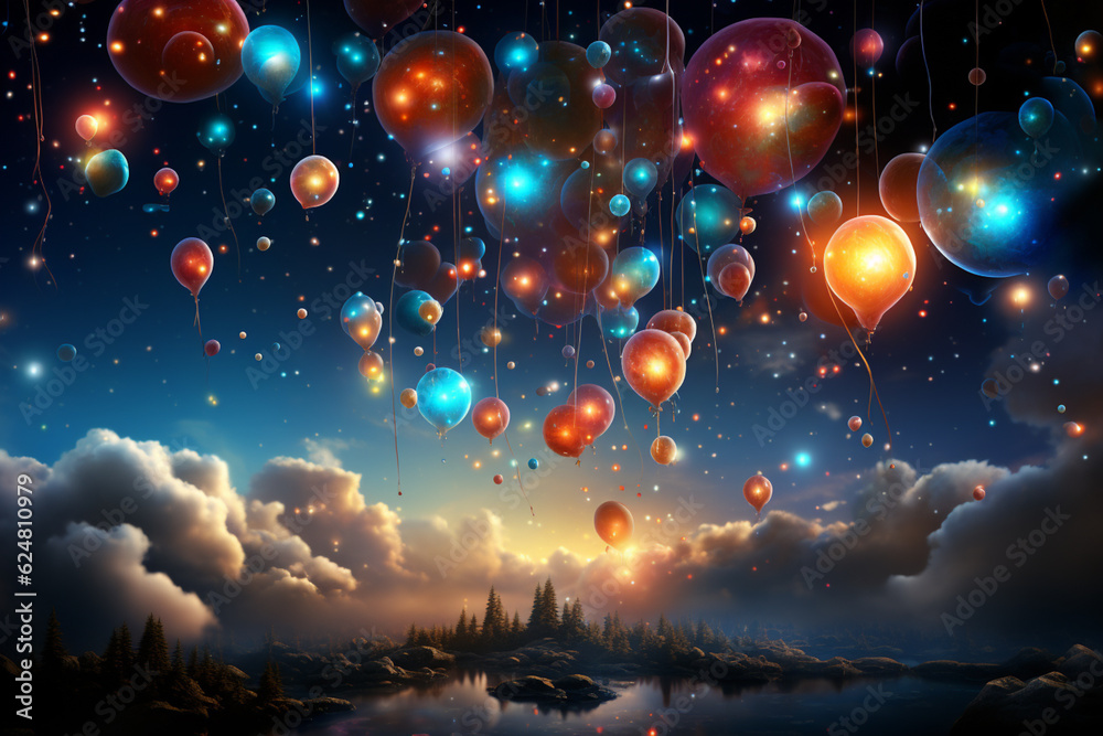 Poster a dreamy and surreal new year background with floating balloons and stars. generative ai technology.