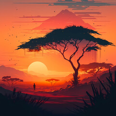 Savanna background with beautiful sunset