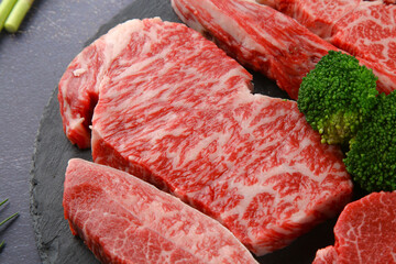 Raw beef on a black plate