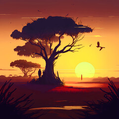 Abstract colorful sunset in african savanna. Wild nature backdrop