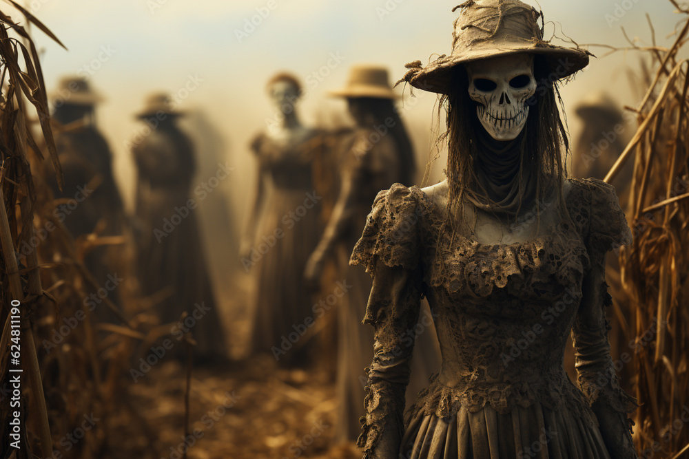 Poster a haunted cornfield with scarecrows and ghostly figures lurking among the stalks. generative ai tech