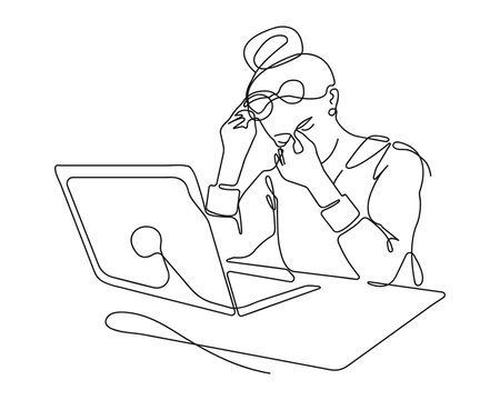 recommend clip art: Girl is Tired of working on a Laptop, line art illustration. The woman wants to Sleep. She holds a cup of Coffee in her hands and falls Asleep. Vector linear illustration, eye health and Fatigue.