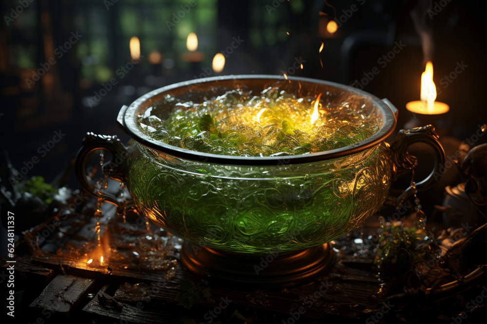 Poster a spooky witch's cauldron bubbling with green potion and glowing eyes. generative ai technology.