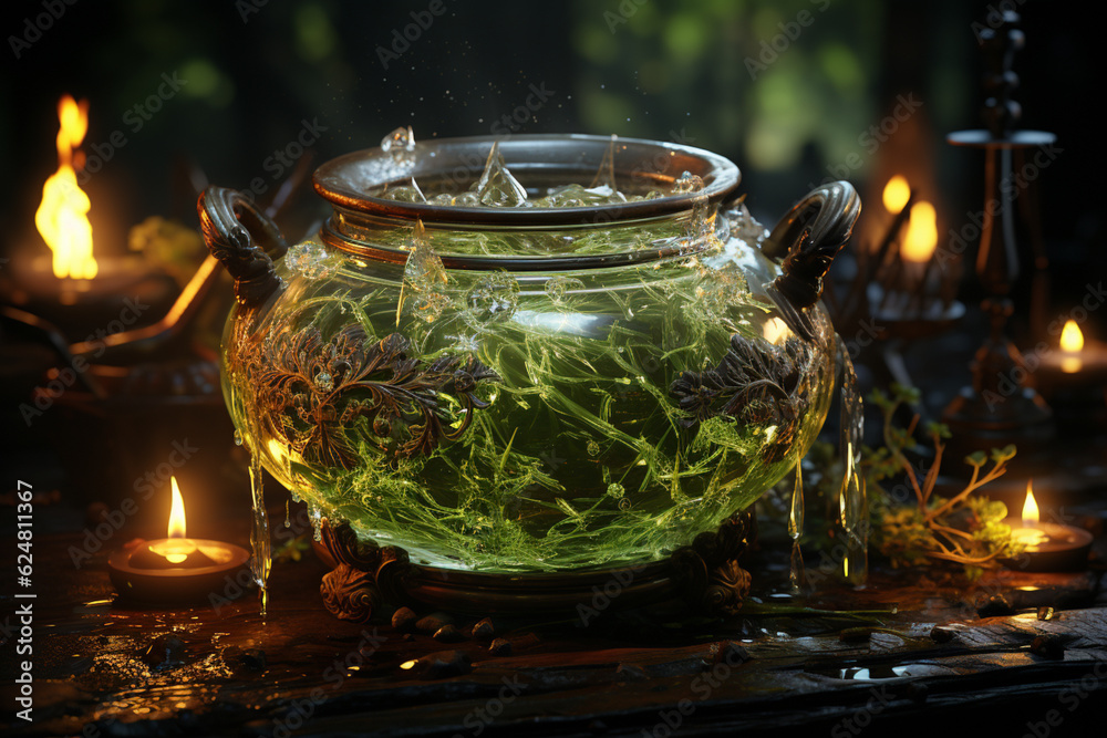 Poster a spooky witch's cauldron bubbling with green potion and glowing eyes. generative ai technology.