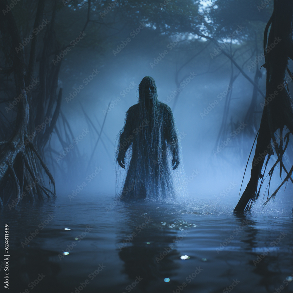 Poster a ghostly figure emerging from a foggy swamp with eerie blue lights. generative ai technology.