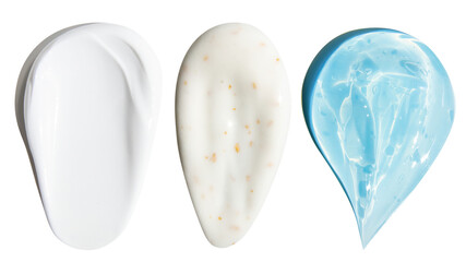 Smears of a beautiful transparent thick blue gel, cream and cream with gold flakes on an empty background.