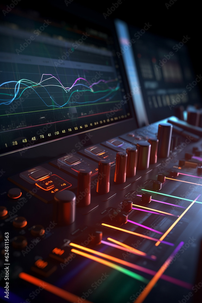 Leinwandbilder  A digital sound editing software interface with multiple tracks and waveforms, showcasing the precision and creativity involved in audio production. Generative AI technology.