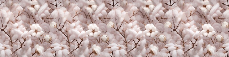 White fluffy cotton flowers background banner wallpaper texture, seamless pattern (Generative Ai)
