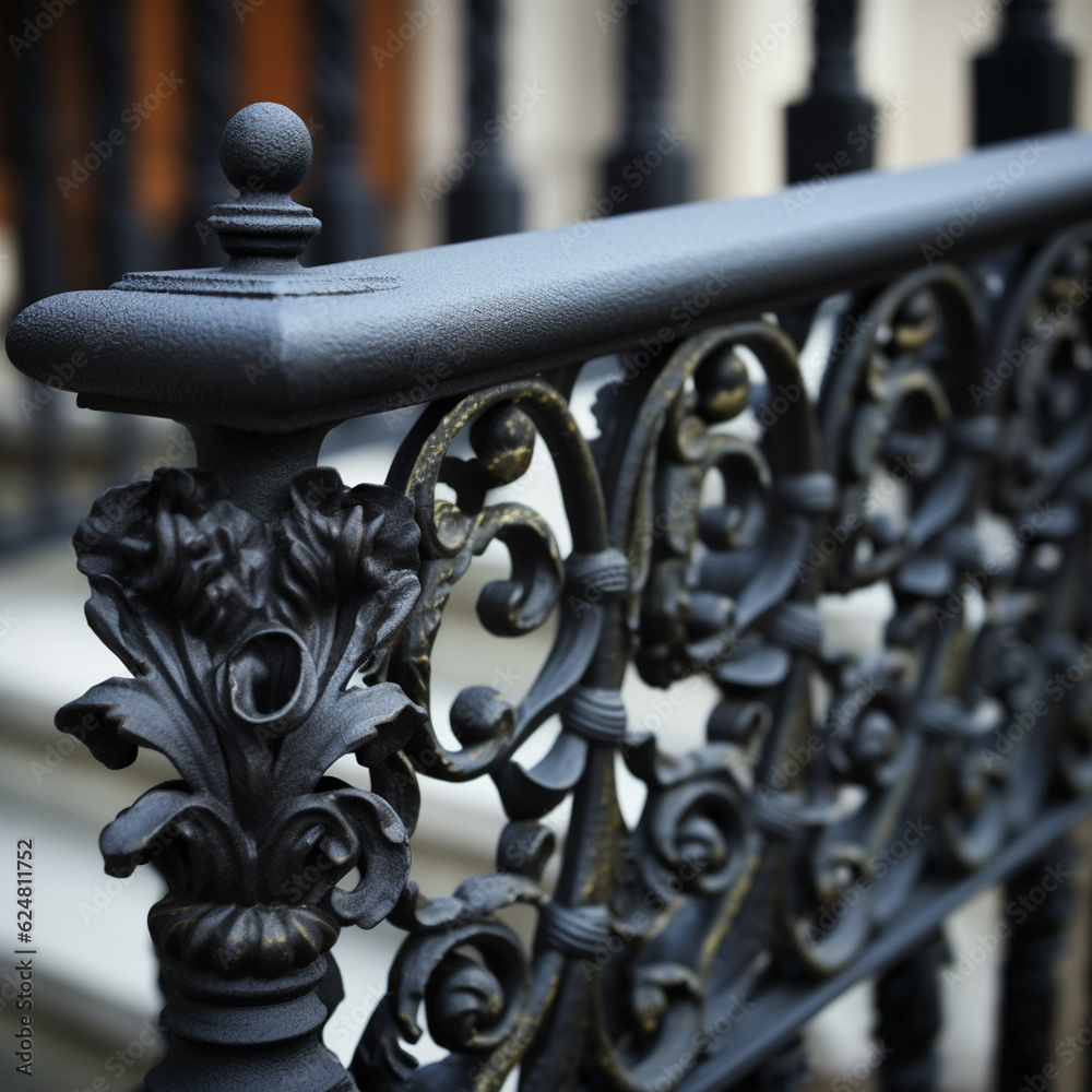 Poster An image of a finished blacksmithed railing or balustrade, showcasing the intricate patterns and details achieved through the craft. Generative AI technology.