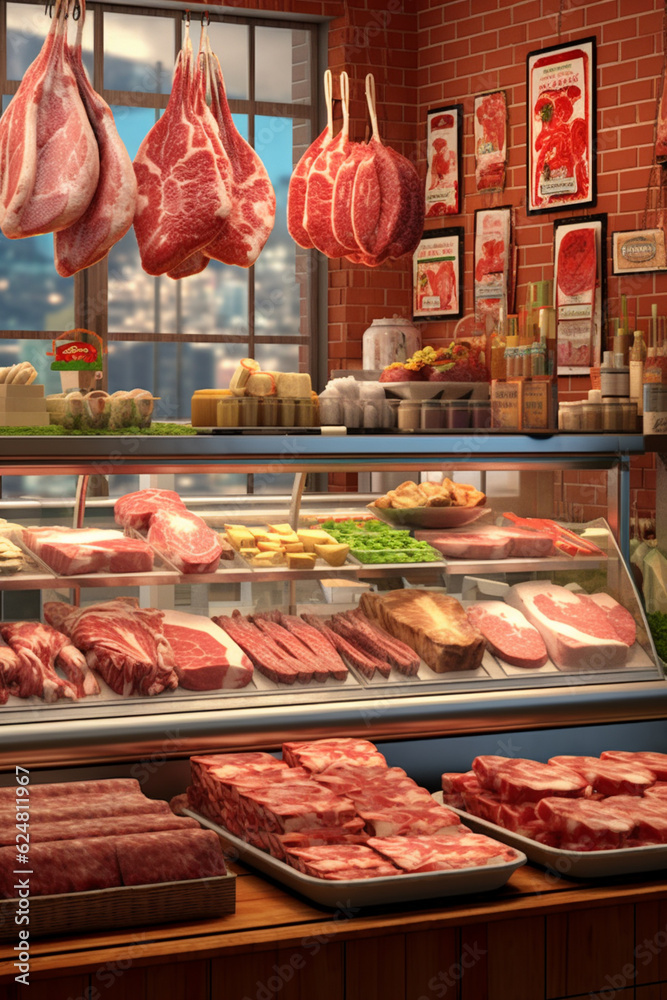 Poster An image of a butcher's counter with an array of specialty meats, such as game meats or exotic cuts, catering to diverse culinary tastes.  Generative AI technology.