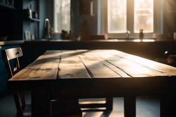Wooden minimalist table in a sun rays kitchen. Generative AI
