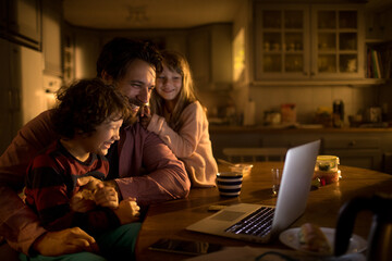 Single father using a laptop with his two kids in the kitchen late at night
