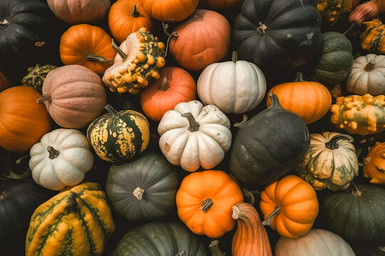 Different types and colors of pumpkin, background. Generative AI