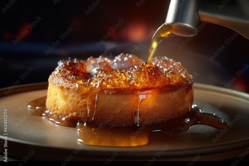Aufkleber  An image of a confectioner using a sugar blowtorch to create a caramelized sugar crust on a crème brûlée, showcasing the mastery of dessert finishing techniques.  Generative AI technology.