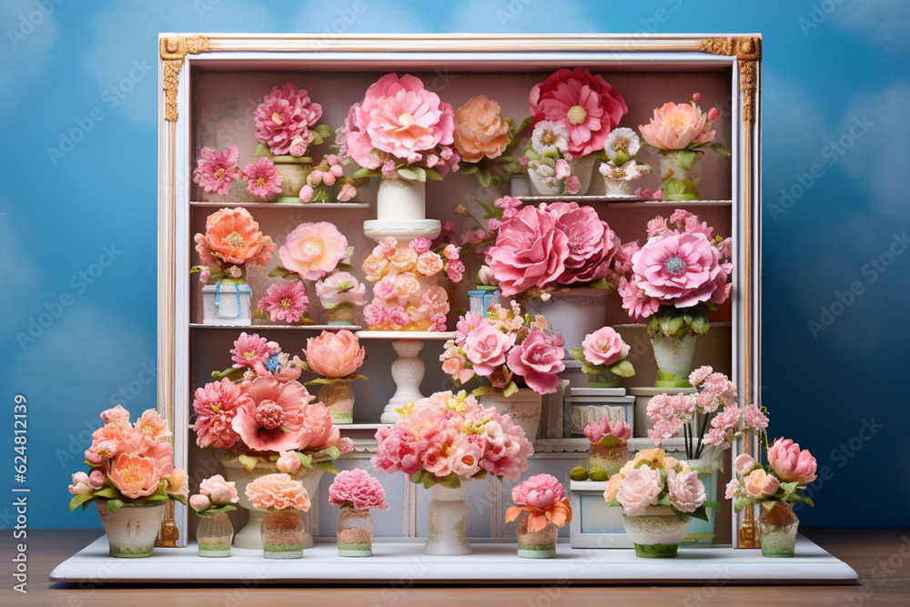 Poster a display of beautifully handcrafted sugar flowers and decorations, showcasing the confectioner's sk